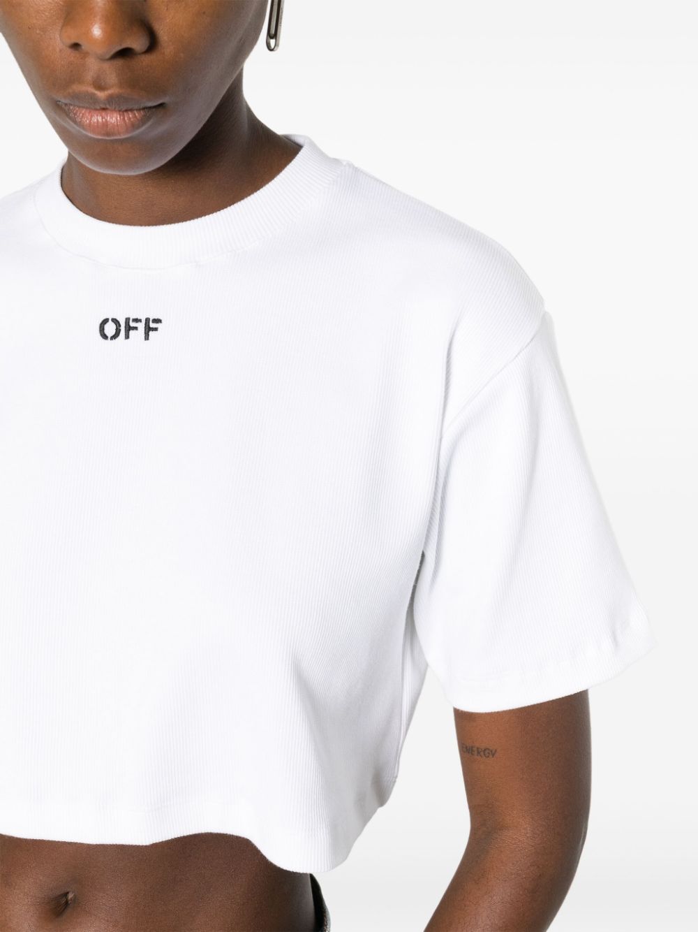 Off-White Ribbed Cropped T-Shirt with Logo Print image 4