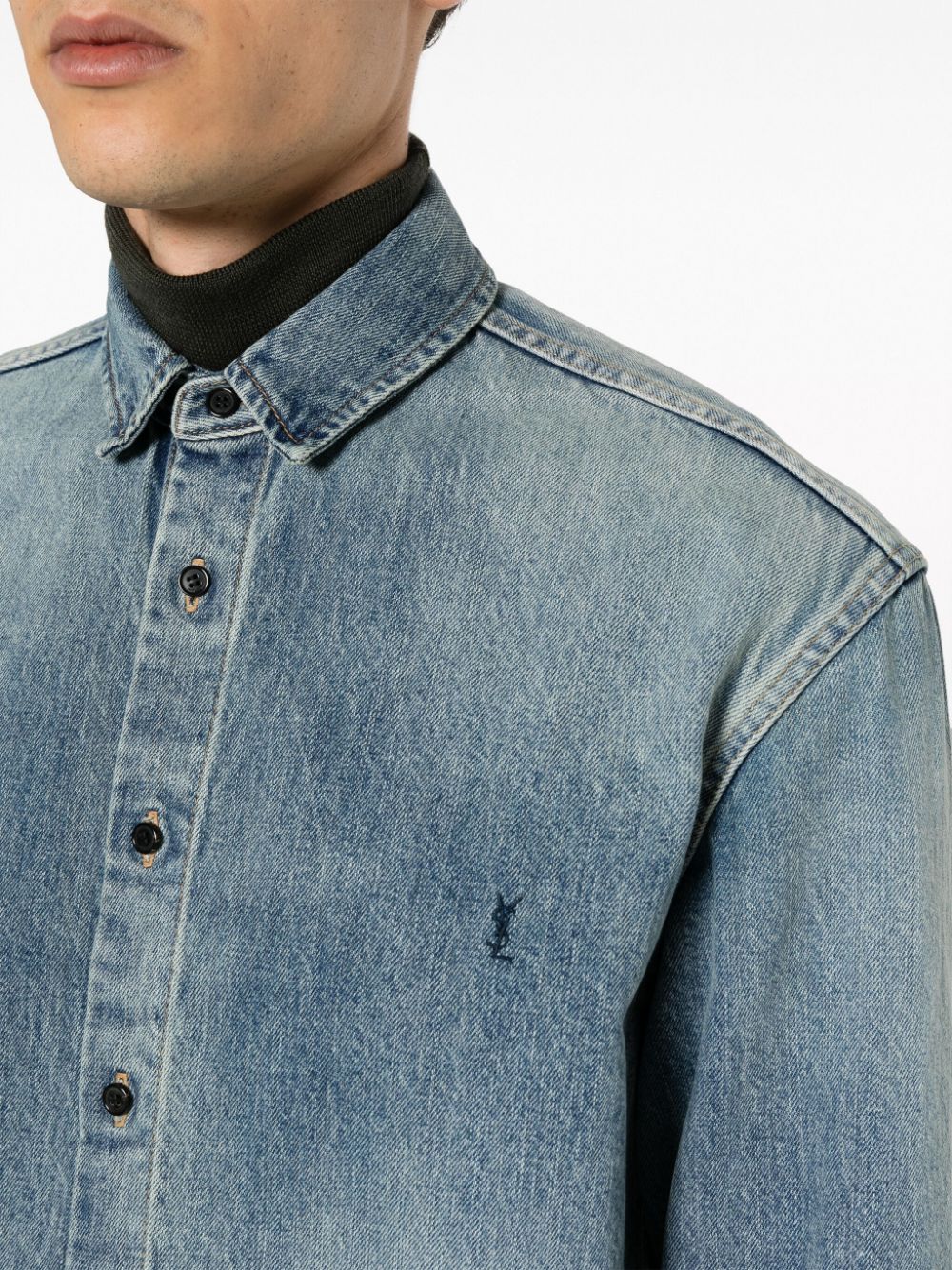 Saint Laurent Trouville Logo-Embroidered Denim Shirt - Light Blue image 1