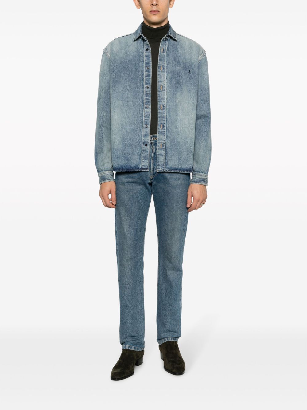 Saint Laurent Trouville Logo-Embroidered Denim Shirt - Light Blue image 3