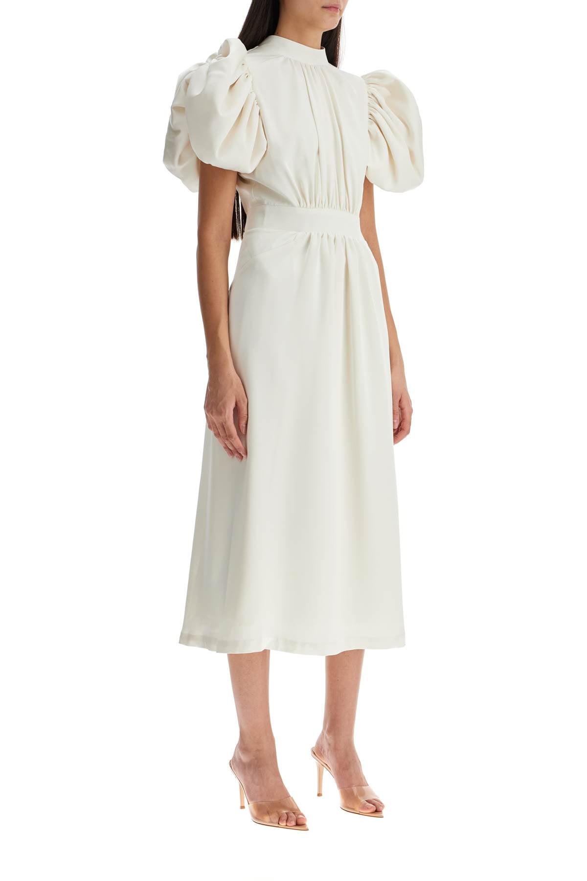 Rotate Midi Satin Dress with Puff Sleeves and Cutout Back image 1