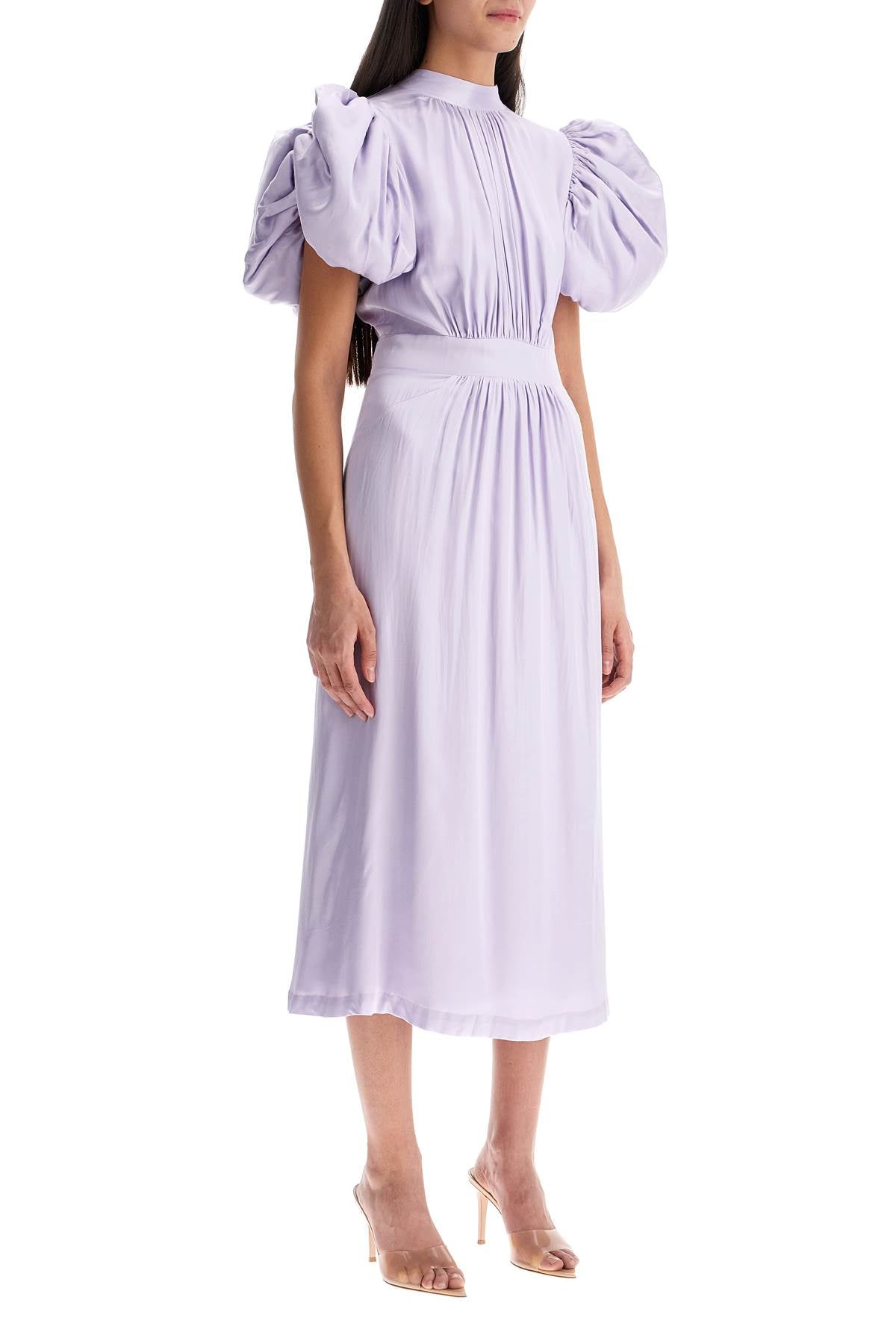 Rotate Midi Satin Dress with Puff Sleeves and Cutout Back image 1