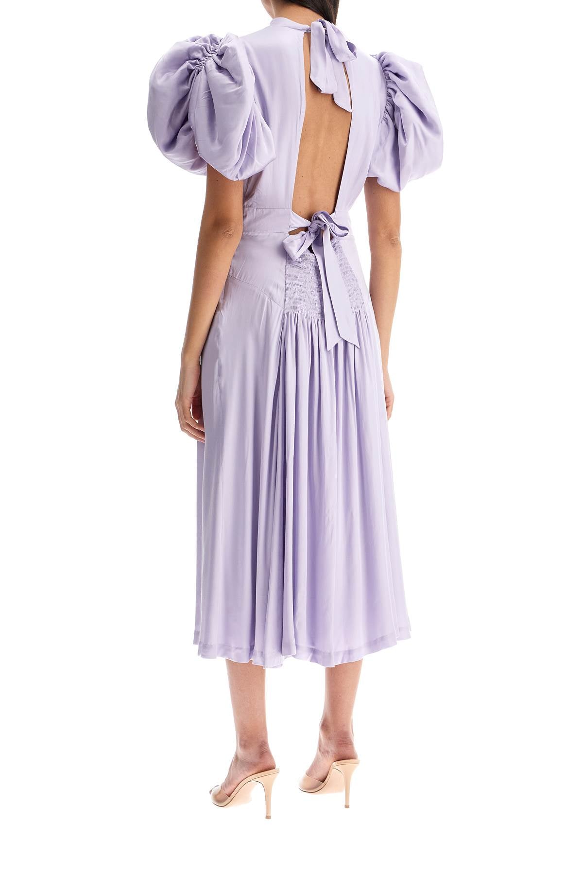 Rotate Midi Satin Dress with Puff Sleeves and Cutout Back image 2