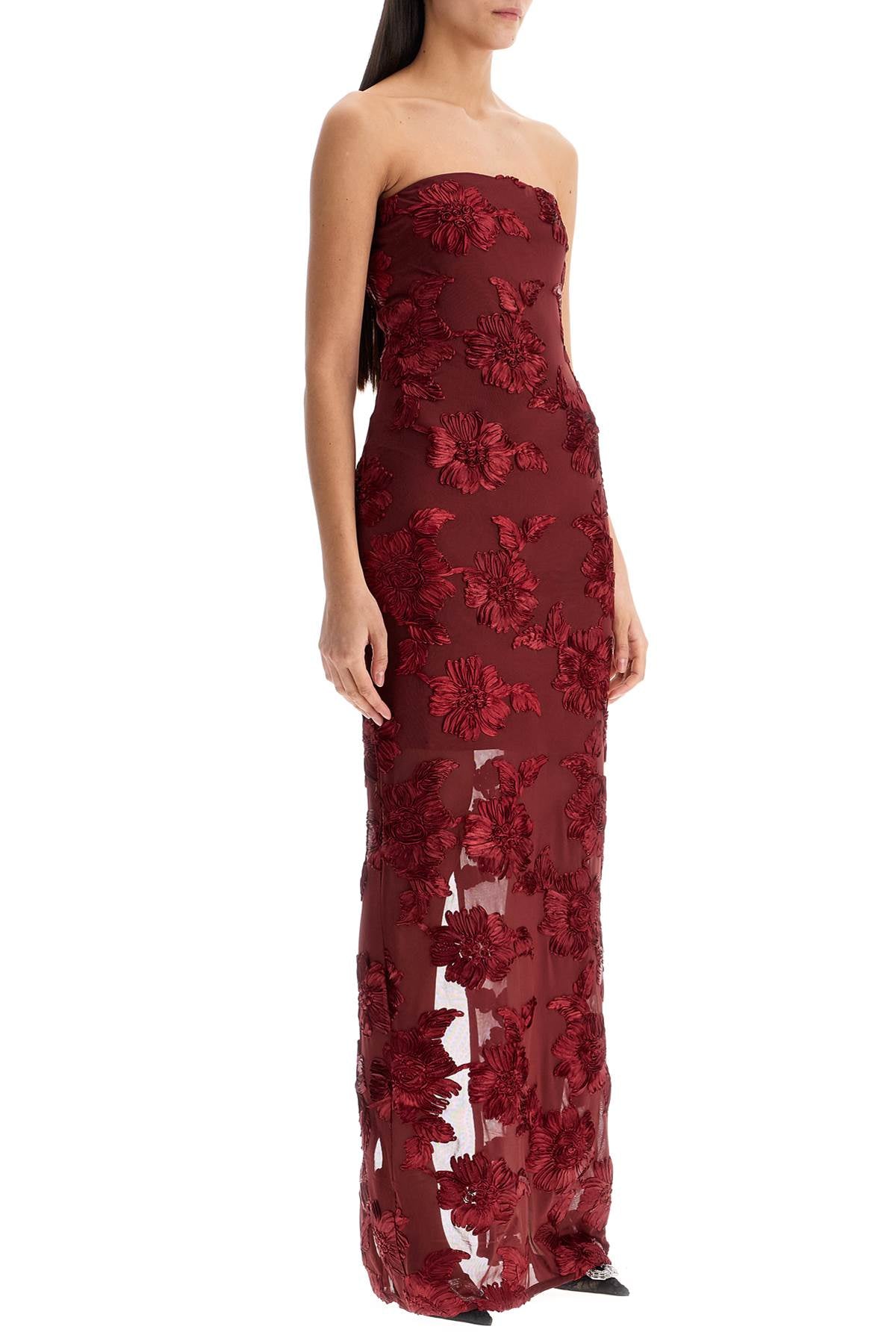 Rotate long mesh dress with embroidered flowers. image 1