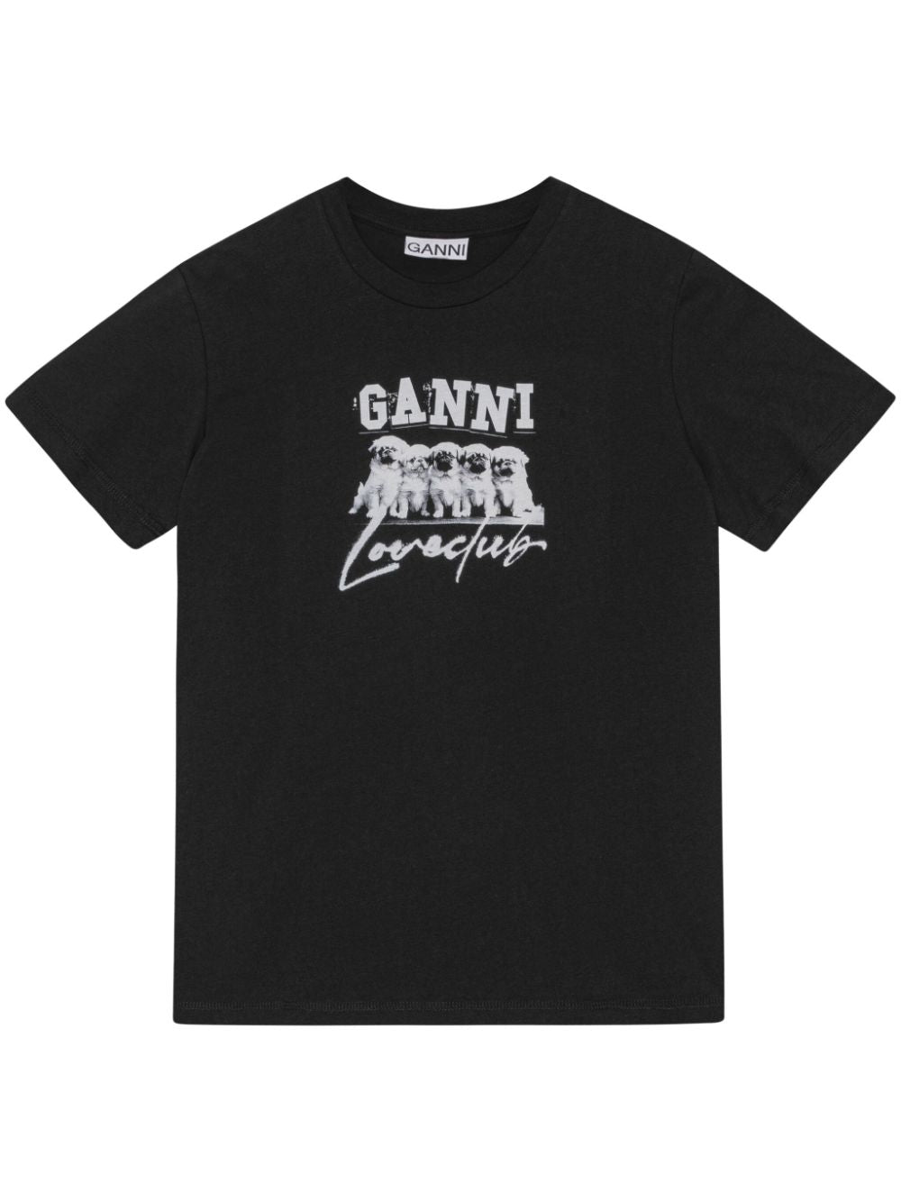 Ganni Black Cotton T-Shirt with Logo and Dog Print image 0