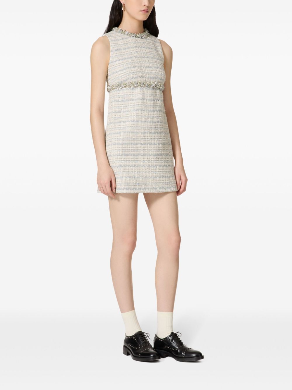 Valentino Garavani Cream White & Blue-Grey Tweed A-Line Dress image 1