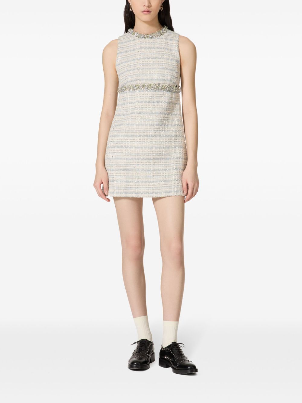 Valentino Garavani Cream White & Blue-Grey Tweed A-Line Dress image 2