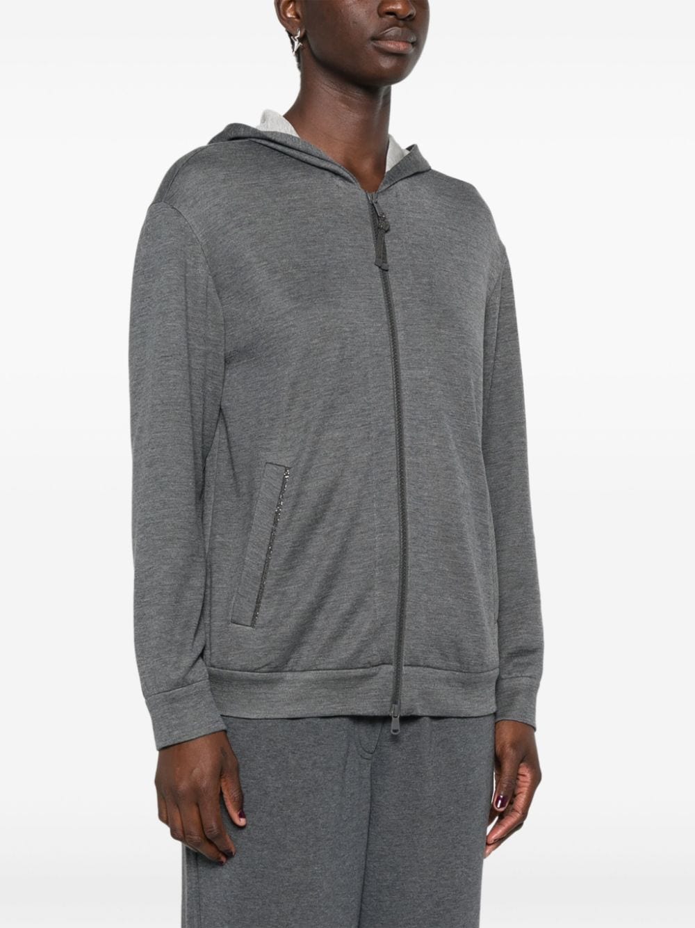 Brunello Cucinelli Grey Cotton Blend Hooded Sweater with Monili Chain Detail image 2