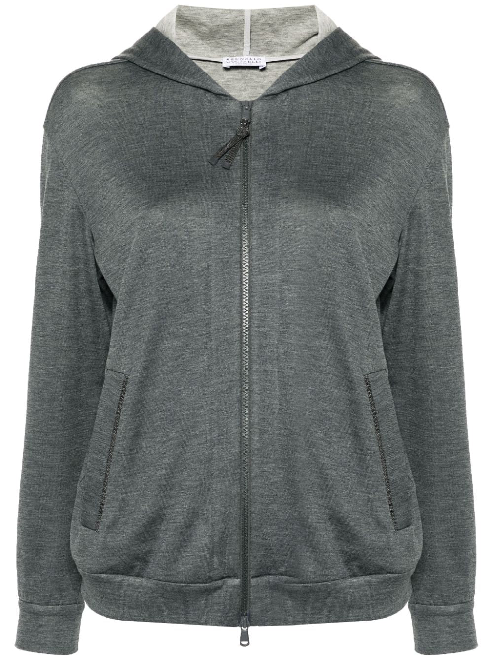 Brunello Cucinelli Grey Cotton Blend Hooded Sweater with Monili Chain Detail image 0