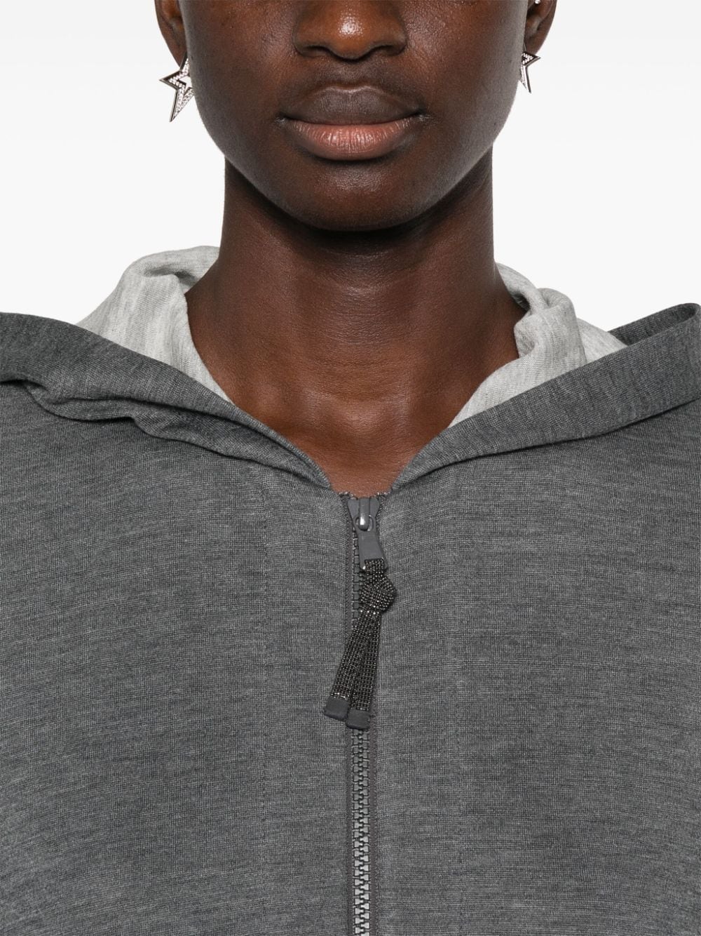 Brunello Cucinelli Grey Cotton Blend Hooded Sweater with Monili Chain Detail image 3