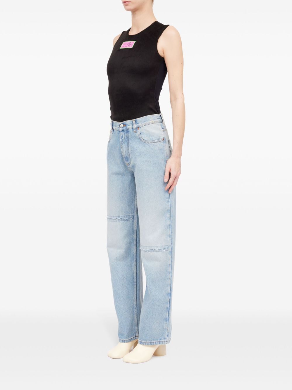 MM6 Maison Margiela Distressed High-Waisted Straight Leg Jeans - Light Blue image 6