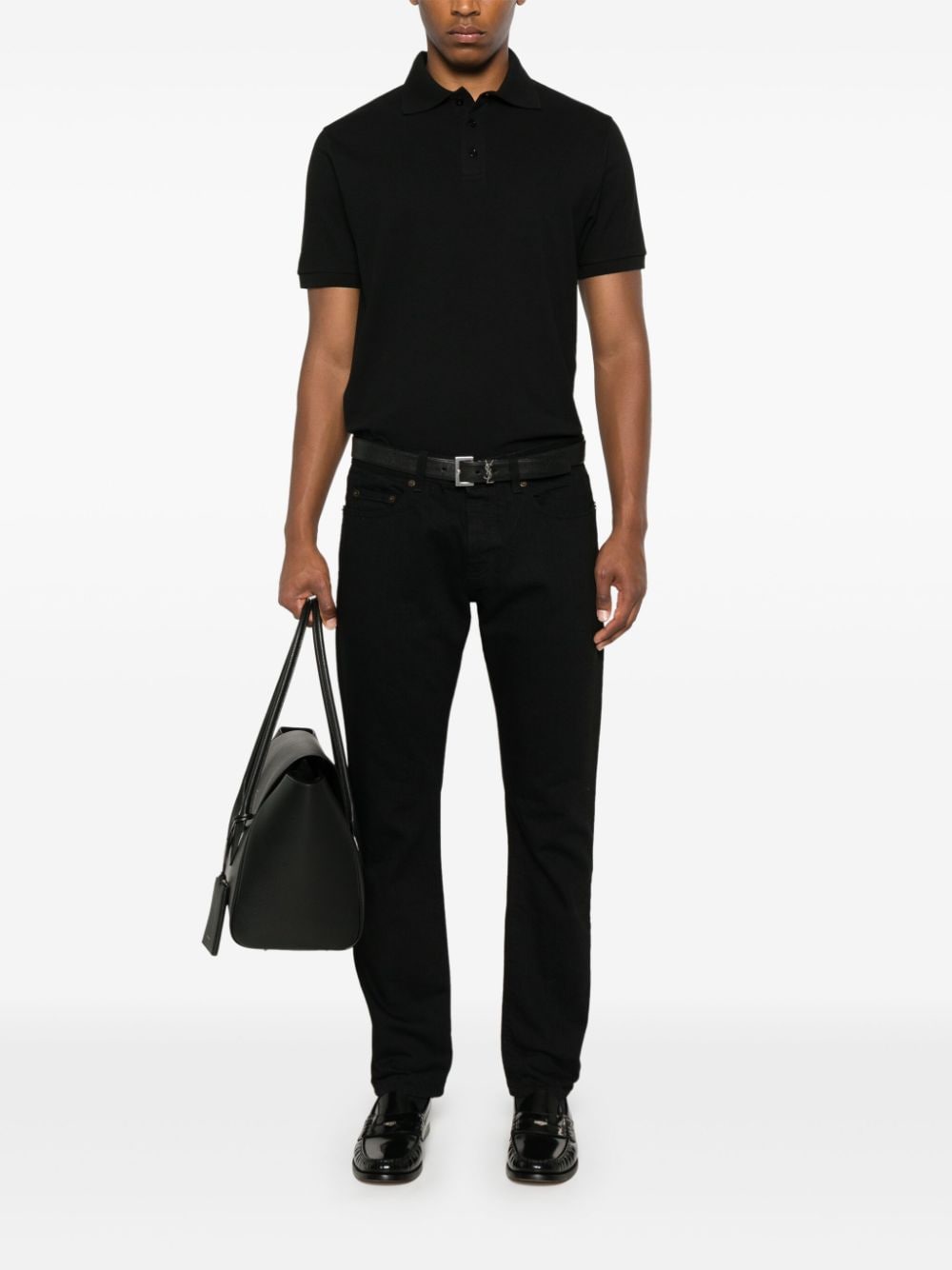 Saint Laurent Black Cotton Blend Polo Shirt with Embroidered Logo image 4