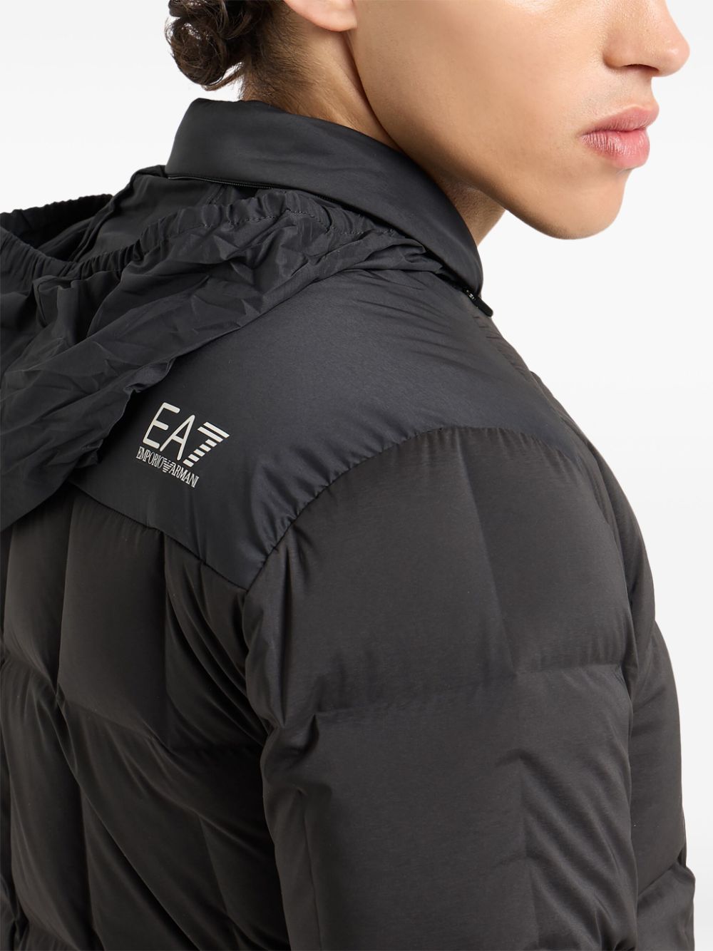 EA7 Black Padded Quilted Coat with Logo Details image 3