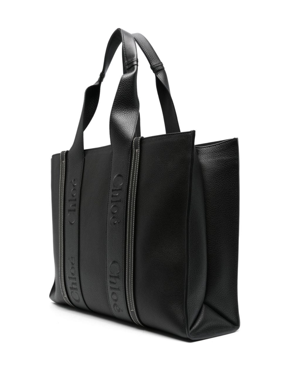 Chloé Black Embroidered Logo Smooth Grain Leather Tote Bag image 4