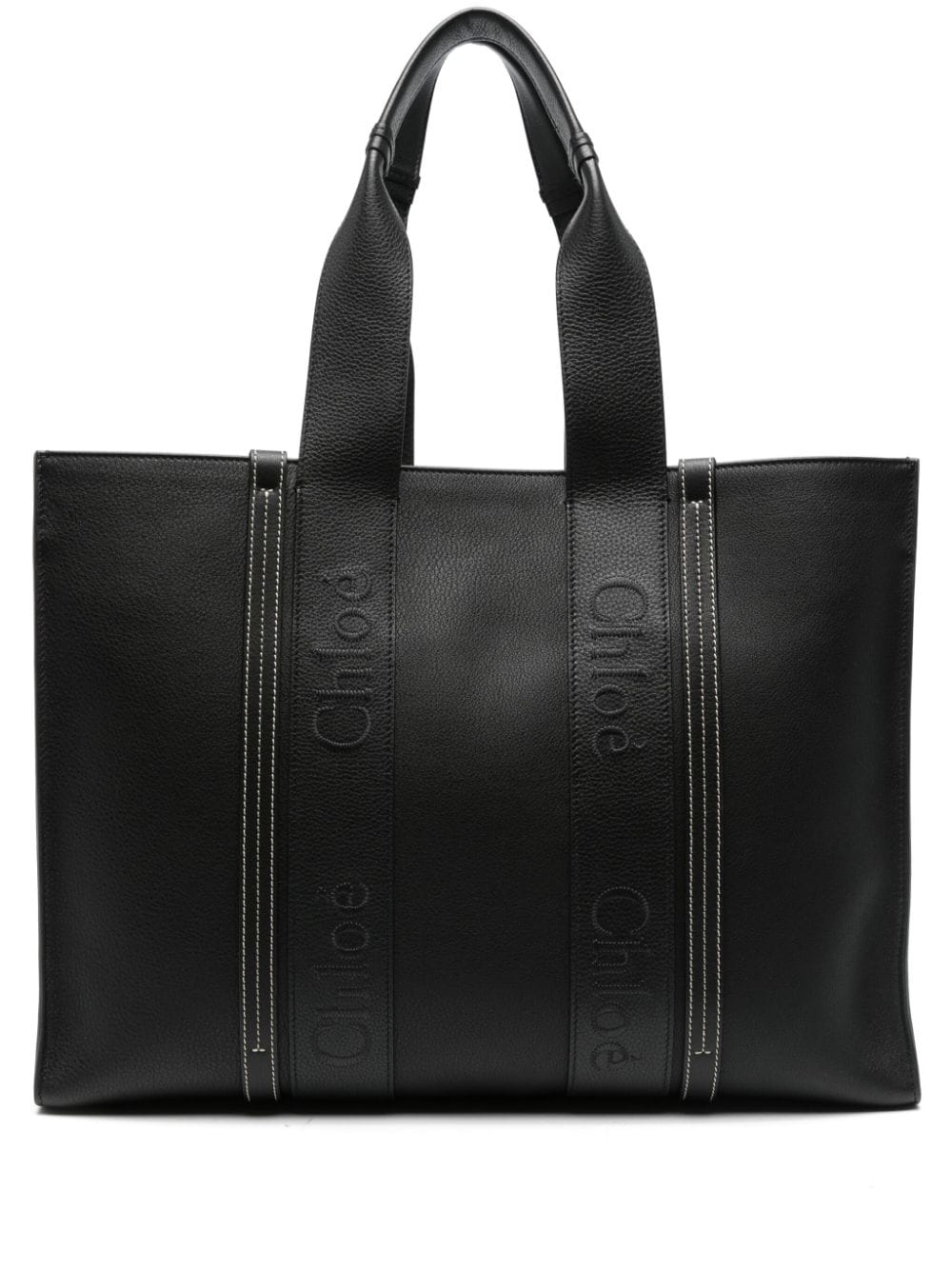 Chloé Black Embroidered Logo Smooth Grain Leather Tote Bag image 0