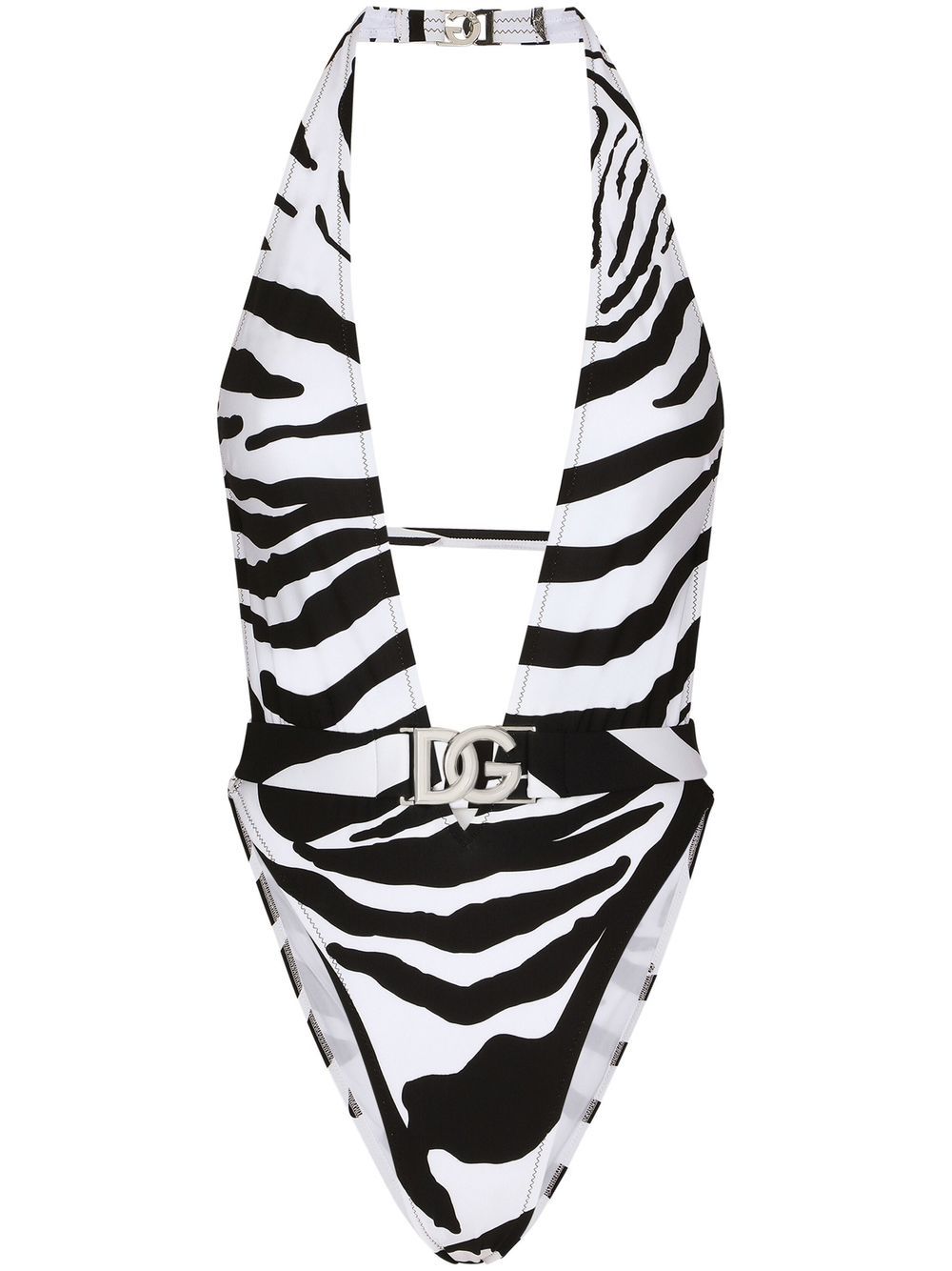 Dolce & Gabbana Zebra Print Halterneck Plunging One-Piece Swimsuit image 0