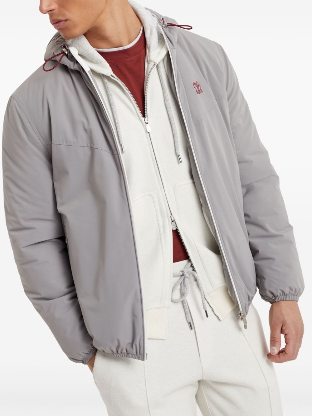 Brunello Cucinelli Grey Stretch-Design Coat with Crest Motif image 2