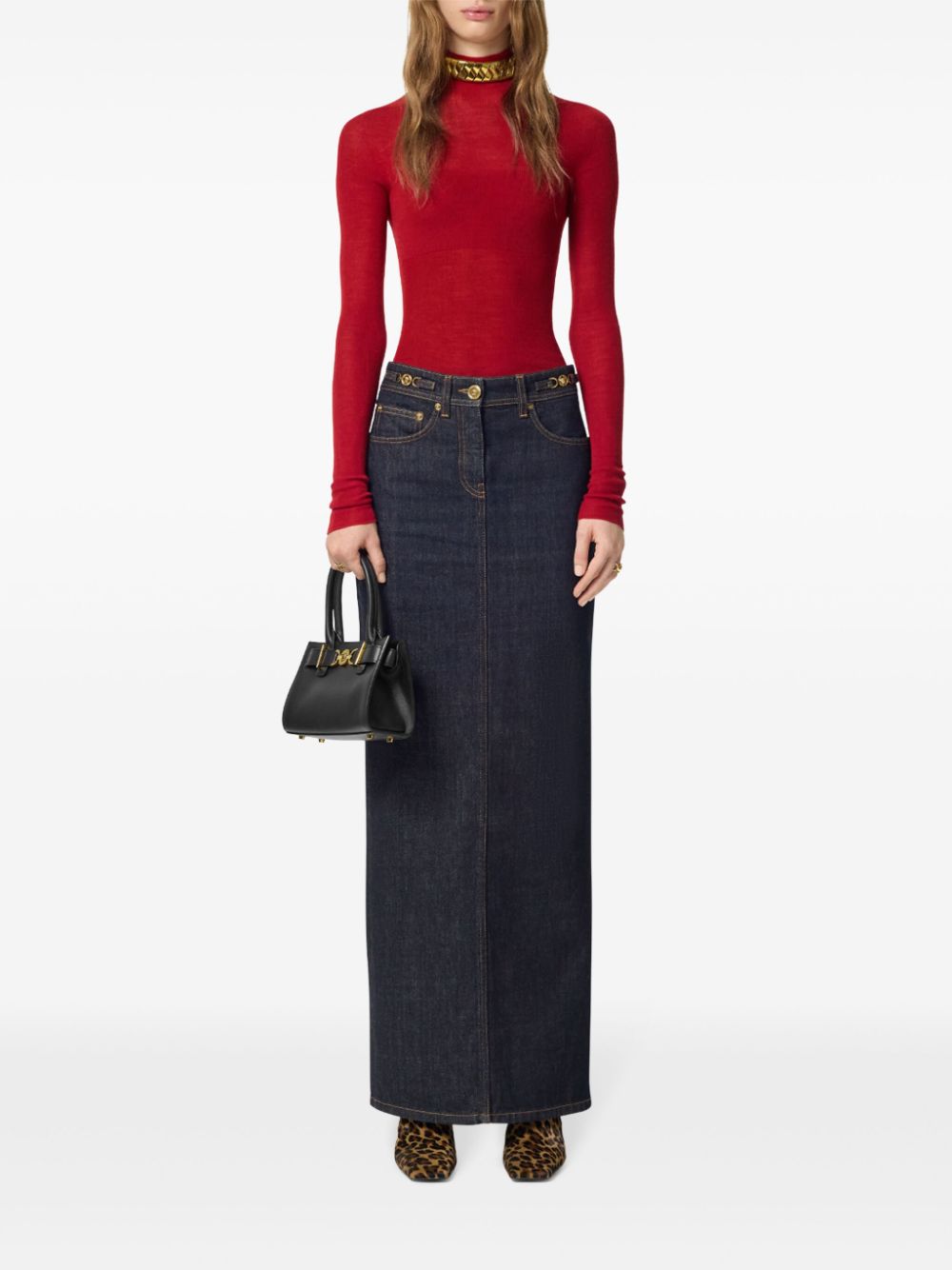 Versace Black Denim Skirt with Medusa Plaque image 2