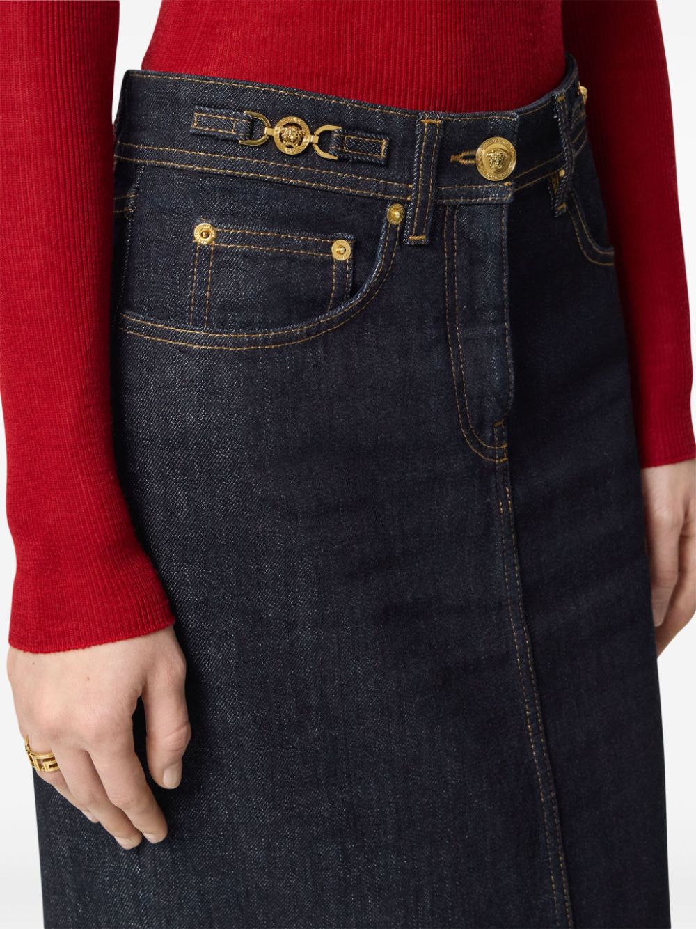 Versace Black Denim Skirt with Medusa Plaque image 3