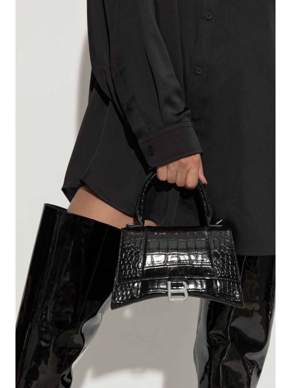 Balenciaga Black Croc-Embossed Hourglass Top Handle Bag image 3