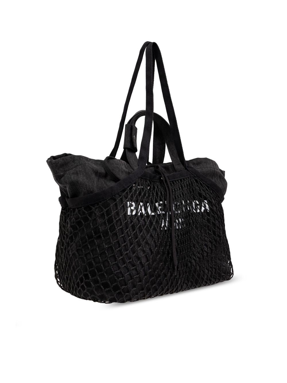 Balenciaga Black Cotton Canvas Fishnet Logo Print Tote Bag image 2