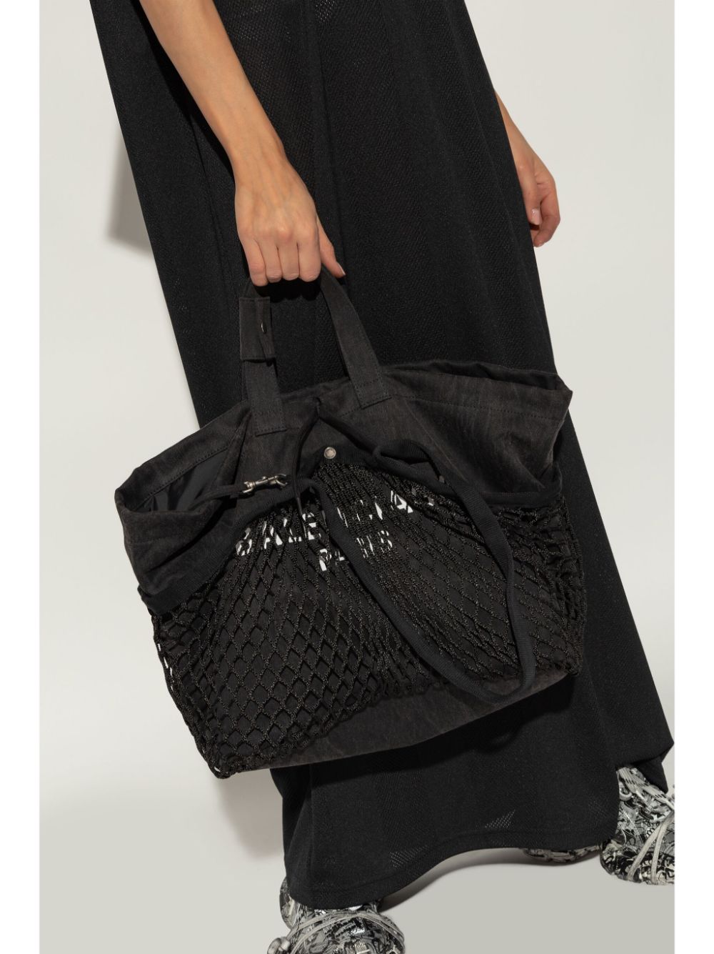 Balenciaga Black Cotton Canvas Fishnet Logo Print Tote Bag image 3