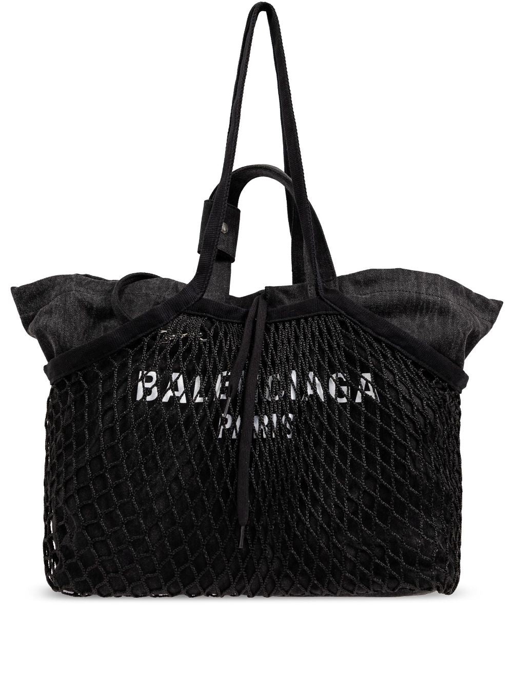 Balenciaga Black Cotton Canvas Fishnet Logo Print Tote Bag image 0