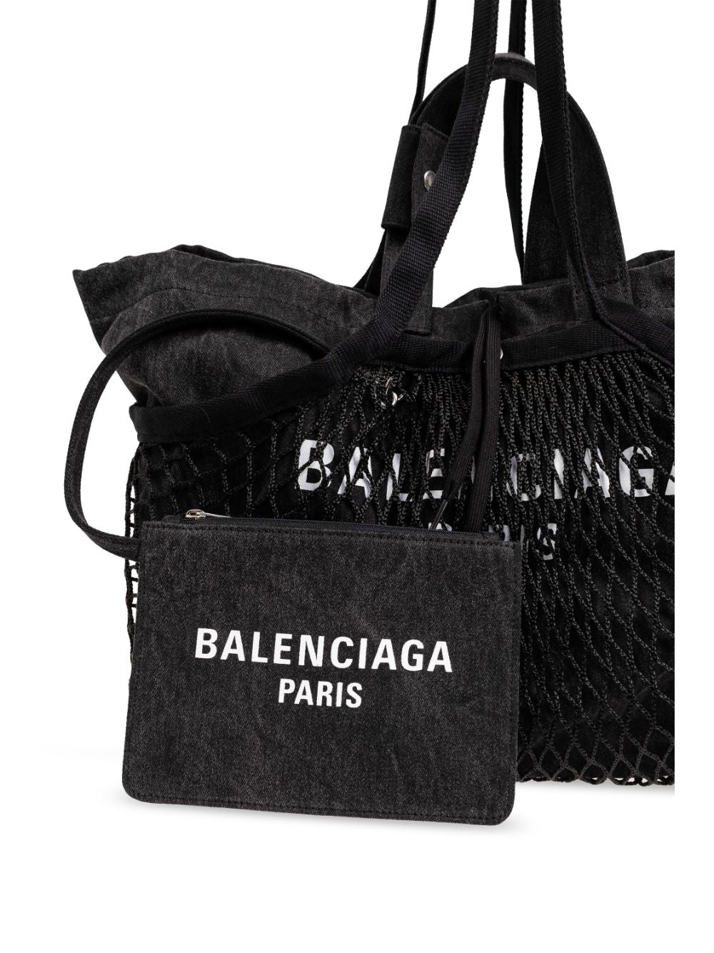 Balenciaga Black Cotton Canvas Fishnet Logo Print Tote Bag image 6