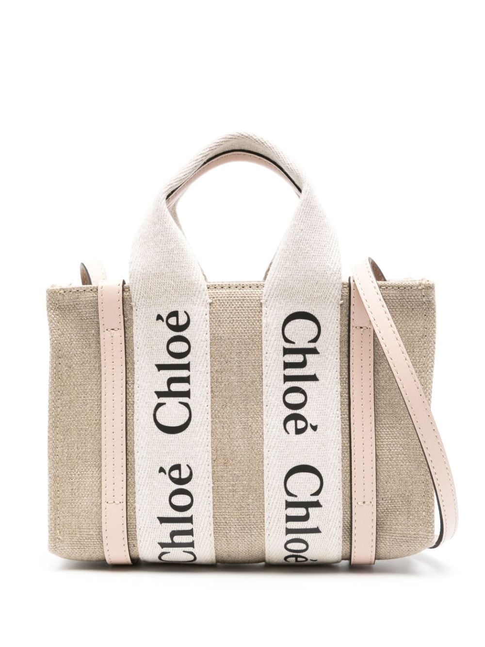 Chloè Logo Print Linen Calfskin Shoulder Bag - Powder image 0