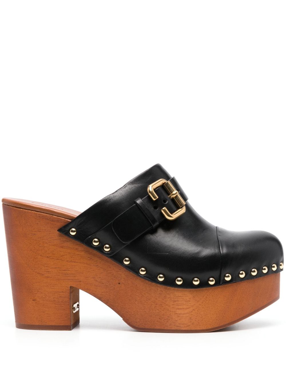 Chloé Black Leather Wedge Sandals with Gold Studs image 0