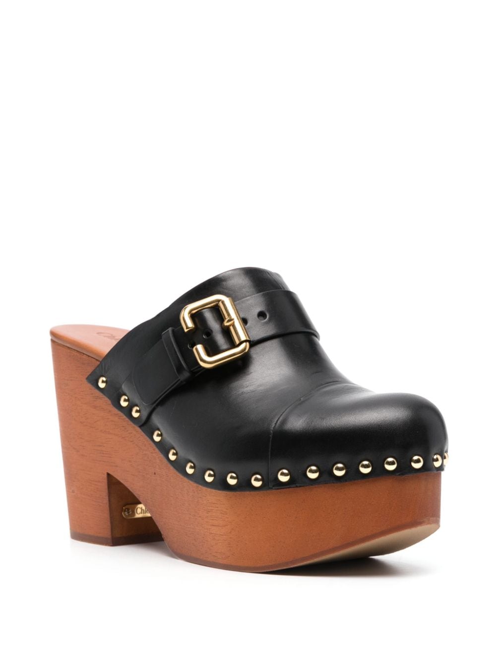 Chloé Black Leather Wedge Sandals with Gold Studs image 3