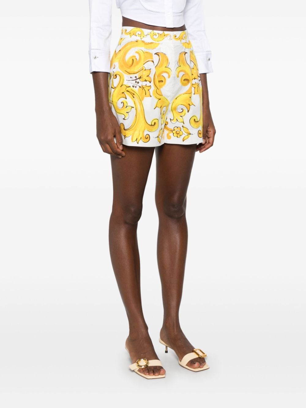 Dolce & Gabbana Majolica Print Pleated Cotton Shorts - Yellow image 2