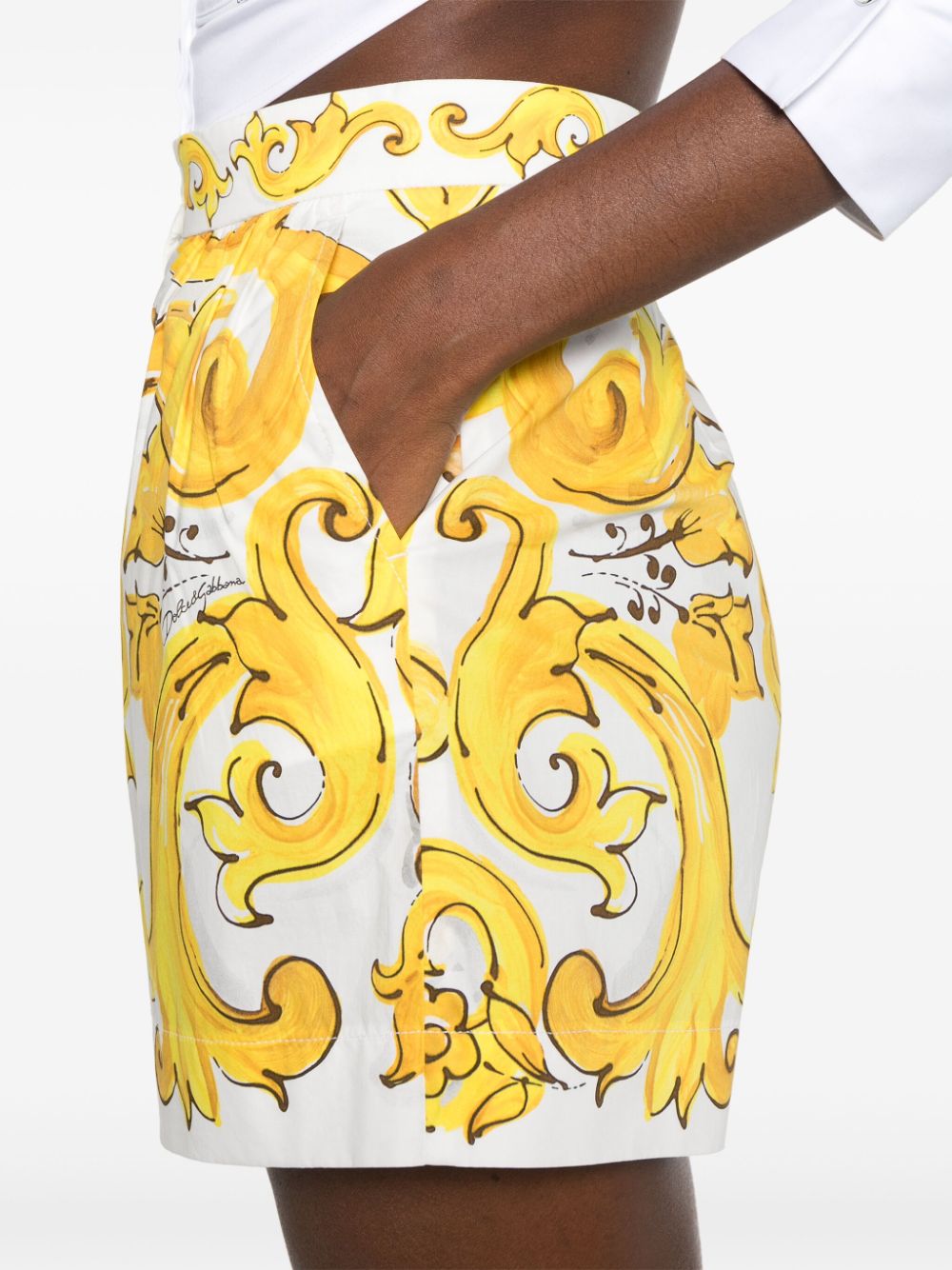 Dolce & Gabbana Majolica Print Pleated Cotton Shorts - Yellow image 4