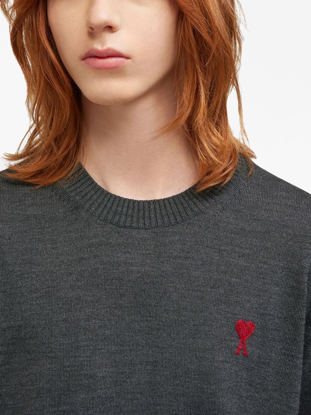 Ami Paris Grey Melange Wool Sweater with Embroidered Logo image 2