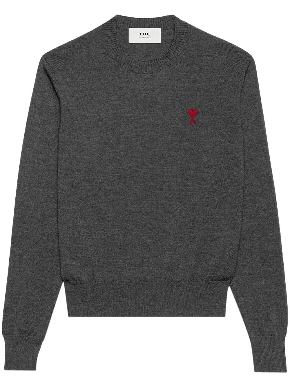 Ami Paris Grey Melange Wool Sweater with Embroidered Logo image 6