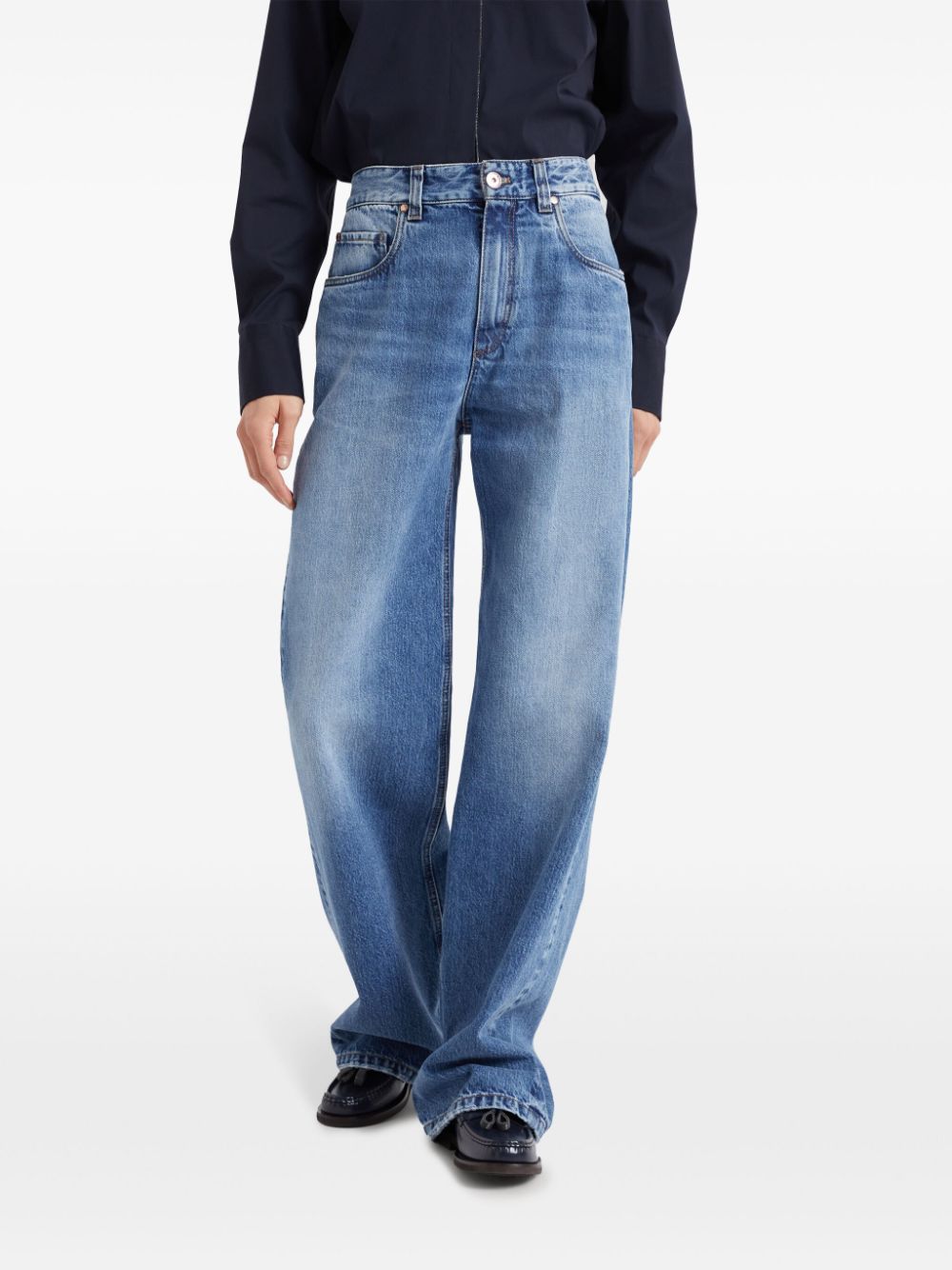 Brunello Cucinelli Blue Washed Denim Jeans with Logo Appliqué image 1