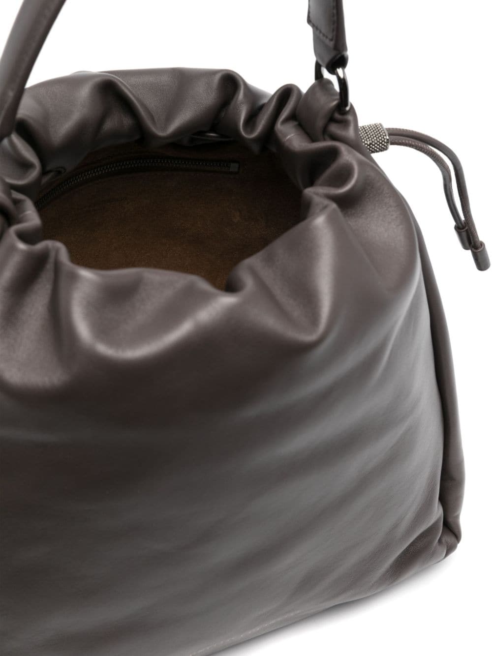 Brunello Cucinelli Brown Calfskin Drawstring Bag with Monili Chain Detail image 2