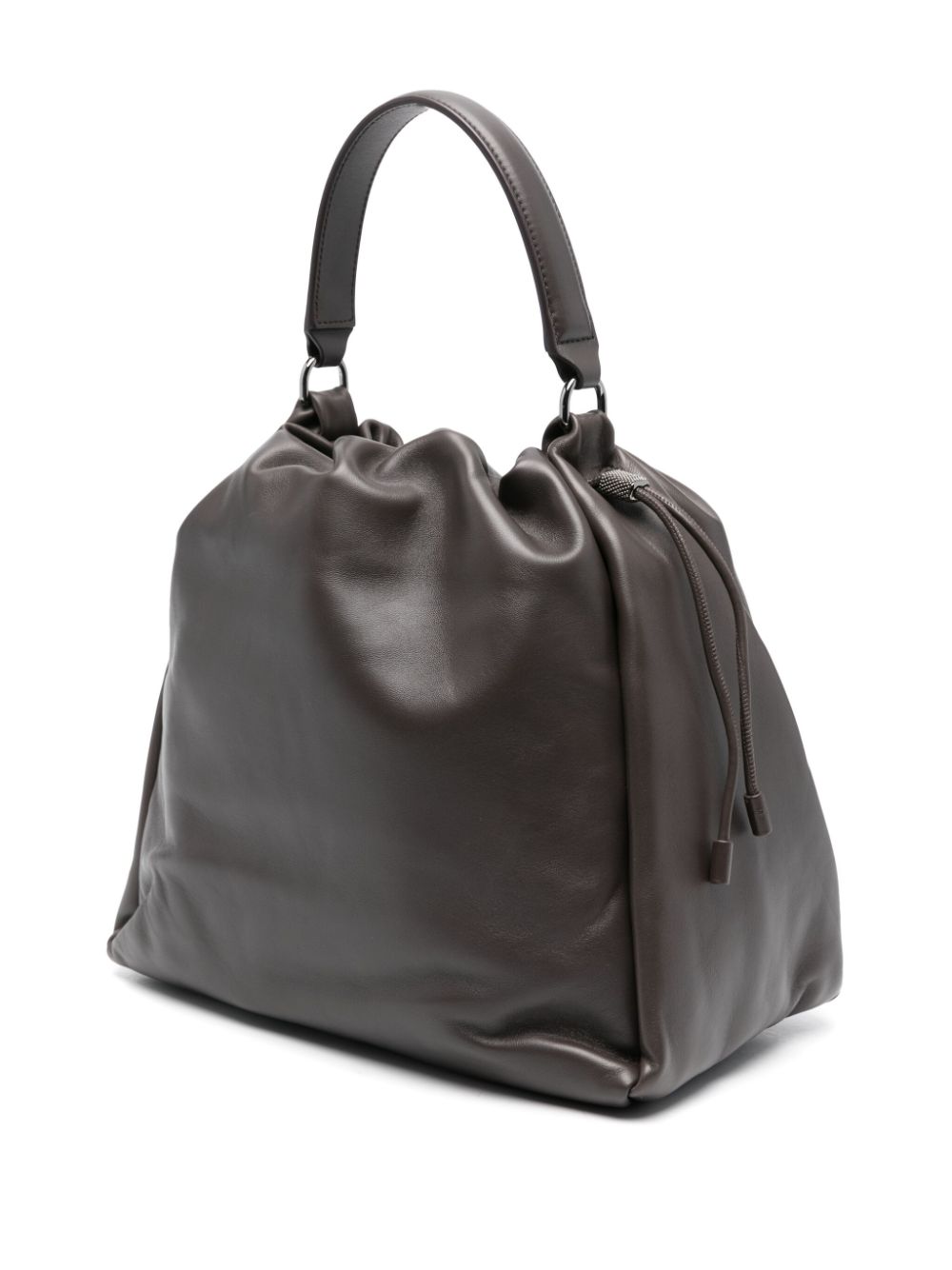 Brunello Cucinelli Brown Calfskin Drawstring Bag with Monili Chain Detail image 3