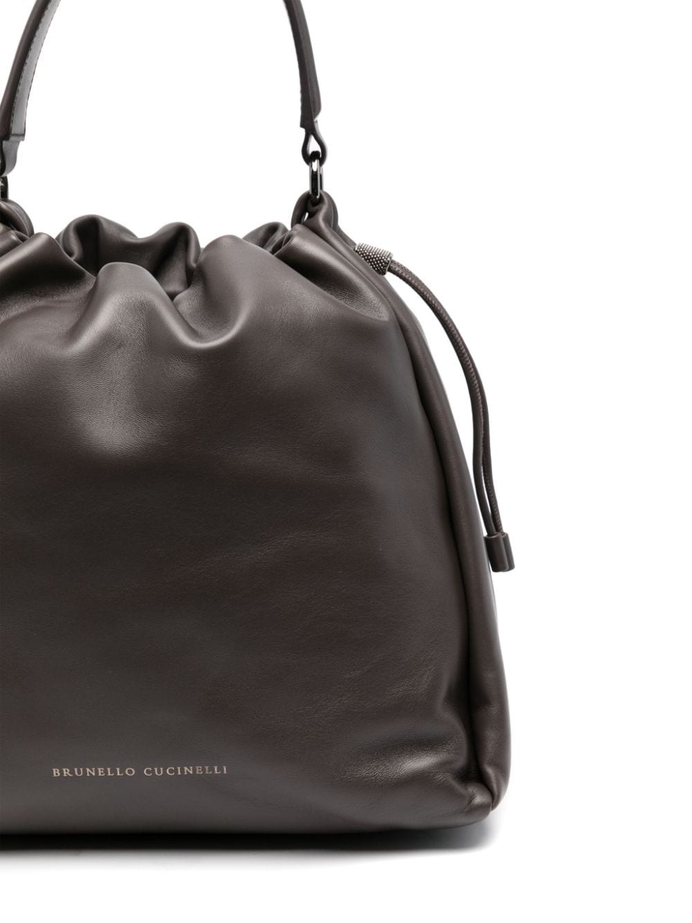 Brunello Cucinelli Brown Calfskin Drawstring Bag with Monili Chain Detail image 4