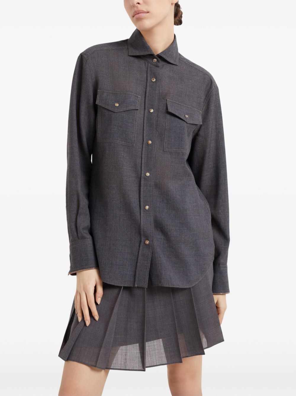 Brunello Cucinelli Grey Virgin Wool Shirt with Monili Chain Detail image 1