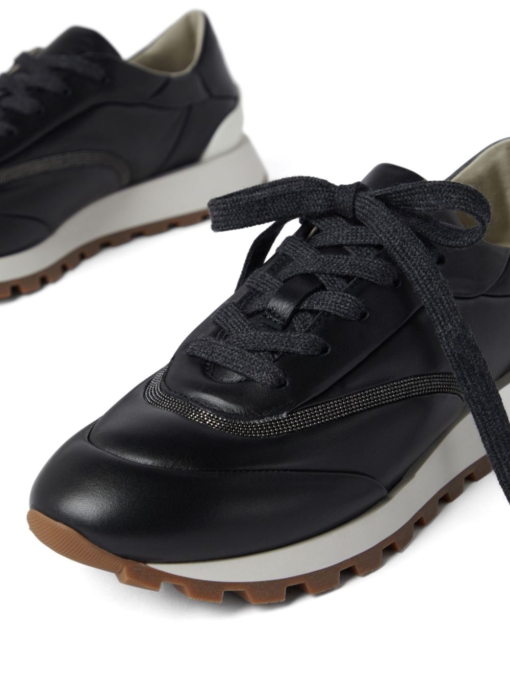 Brunello Cucinelli Black Nappa Leather Sneakers with Monili Chain Detail image 2