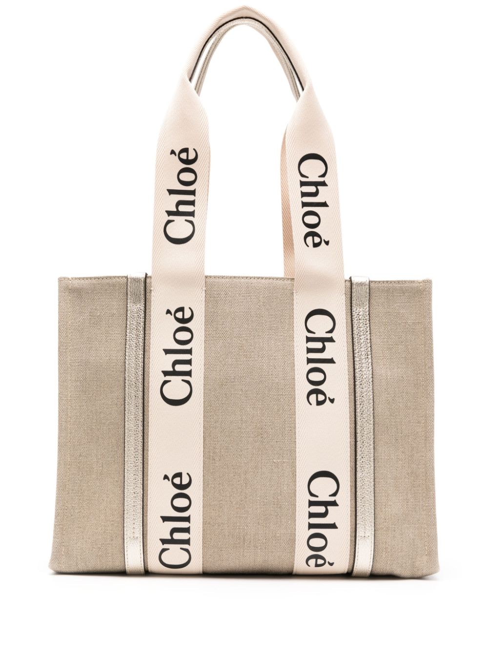 Chloé Beige Linen and Flax Tote Bag with Logo Handles image 0