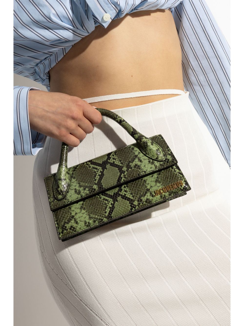 JACQUEMUS Green Calfskin Leather Snakeskin Effect Foldover Bag image 3