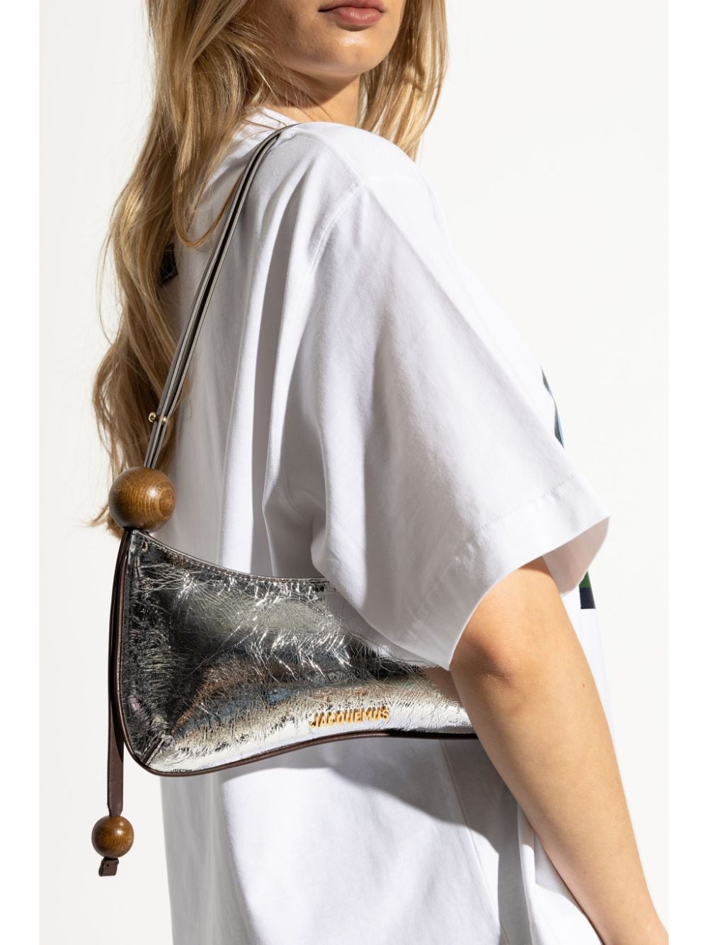 JACQUEMUS Silver Calf Leather Crinkled Shoulder Bag image 3