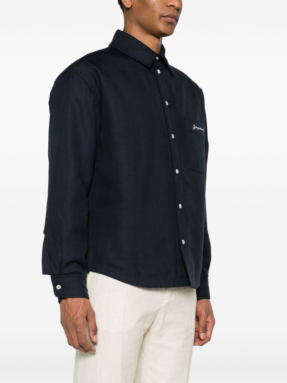 Jacquemus Navy Blue Padded Embroidered Logo Shirt image 4