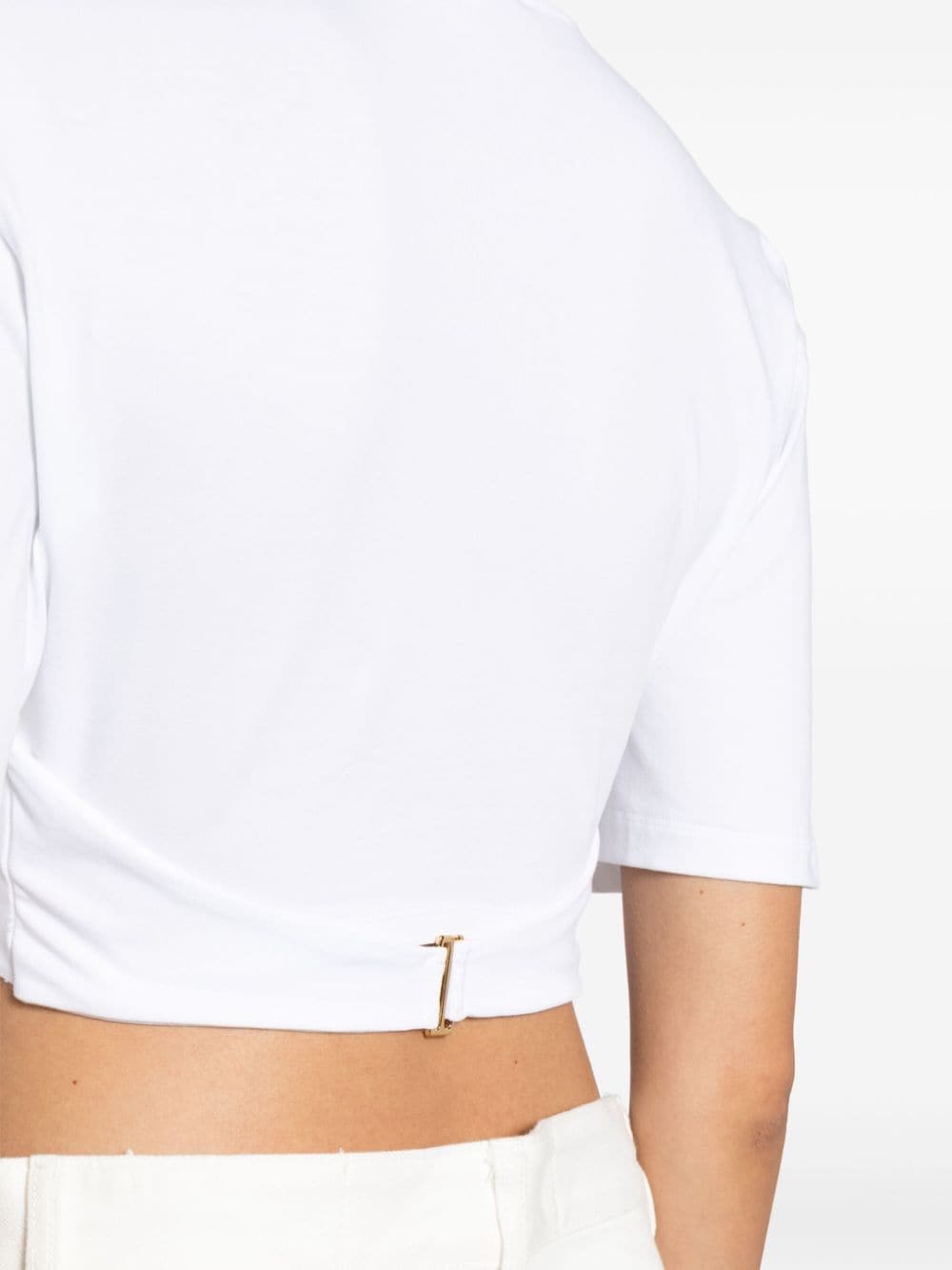 JACQUEMUS White Stretch-Cotton Cropped T-Shirt with Draped Detailing image 1