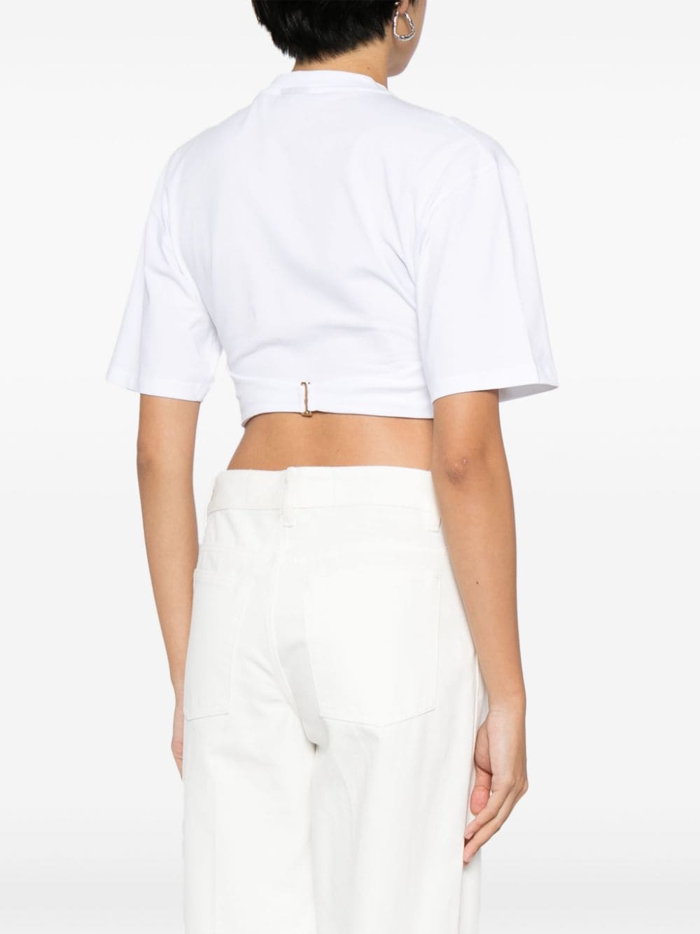 JACQUEMUS White Stretch-Cotton Cropped T-Shirt with Draped Detailing image 3