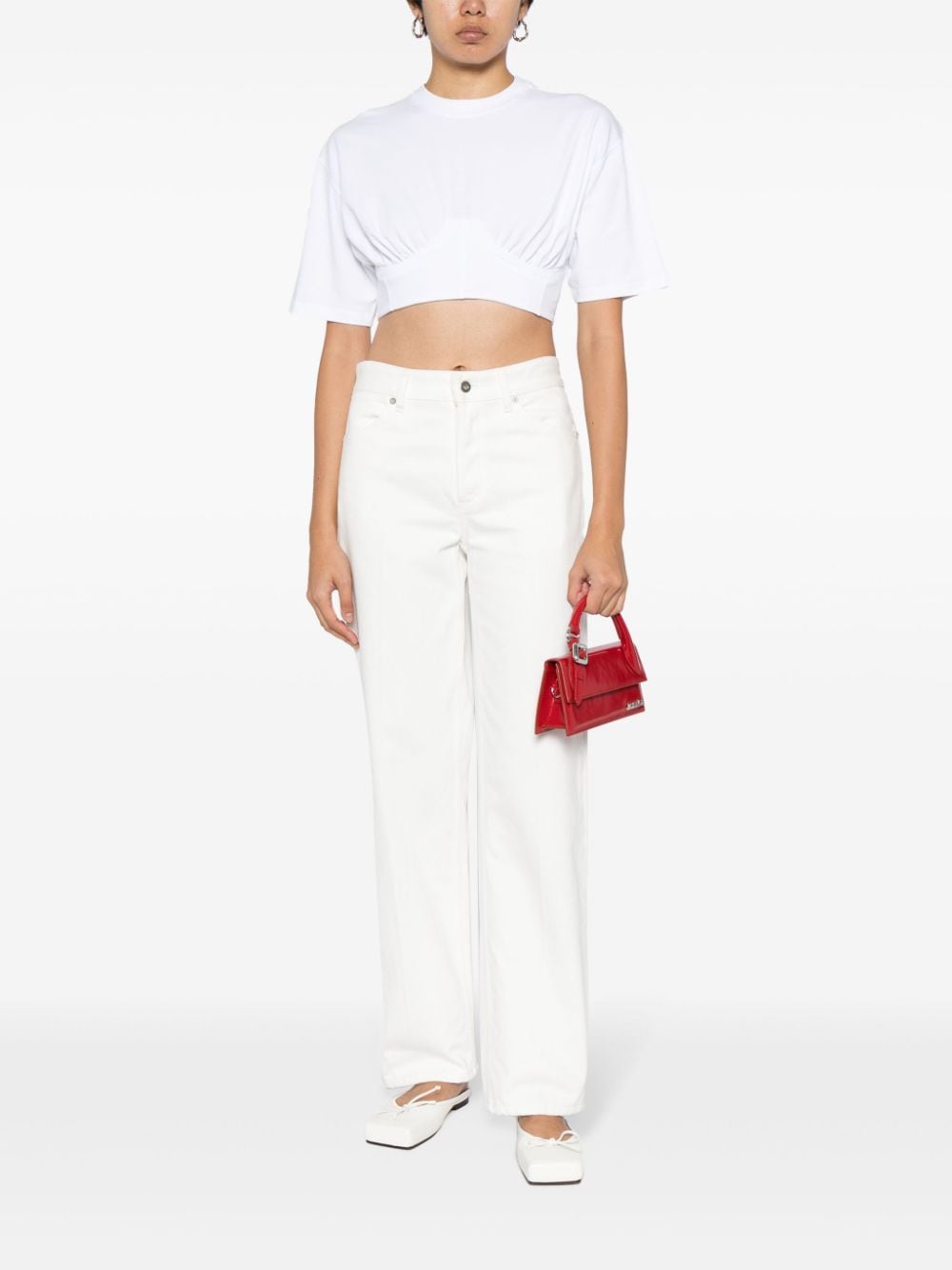 JACQUEMUS White Stretch-Cotton Cropped T-Shirt with Draped Detailing image 4