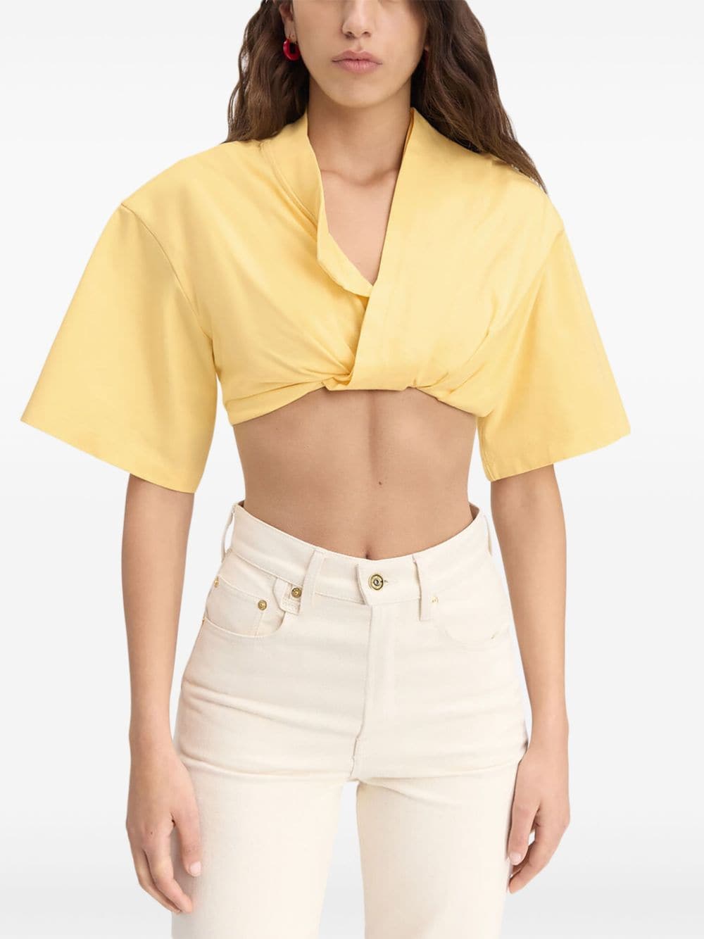 JACQUEMUS Yellow Cotton T-Shirt with Asymmetric Neck and Hem image 1