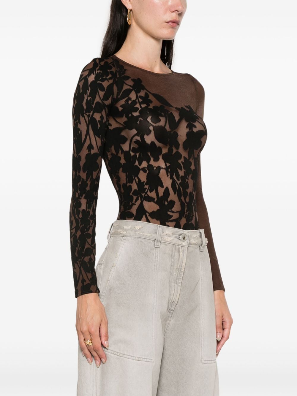 Wolford Brown Floral Jacquard Long Sleeve Top image 1