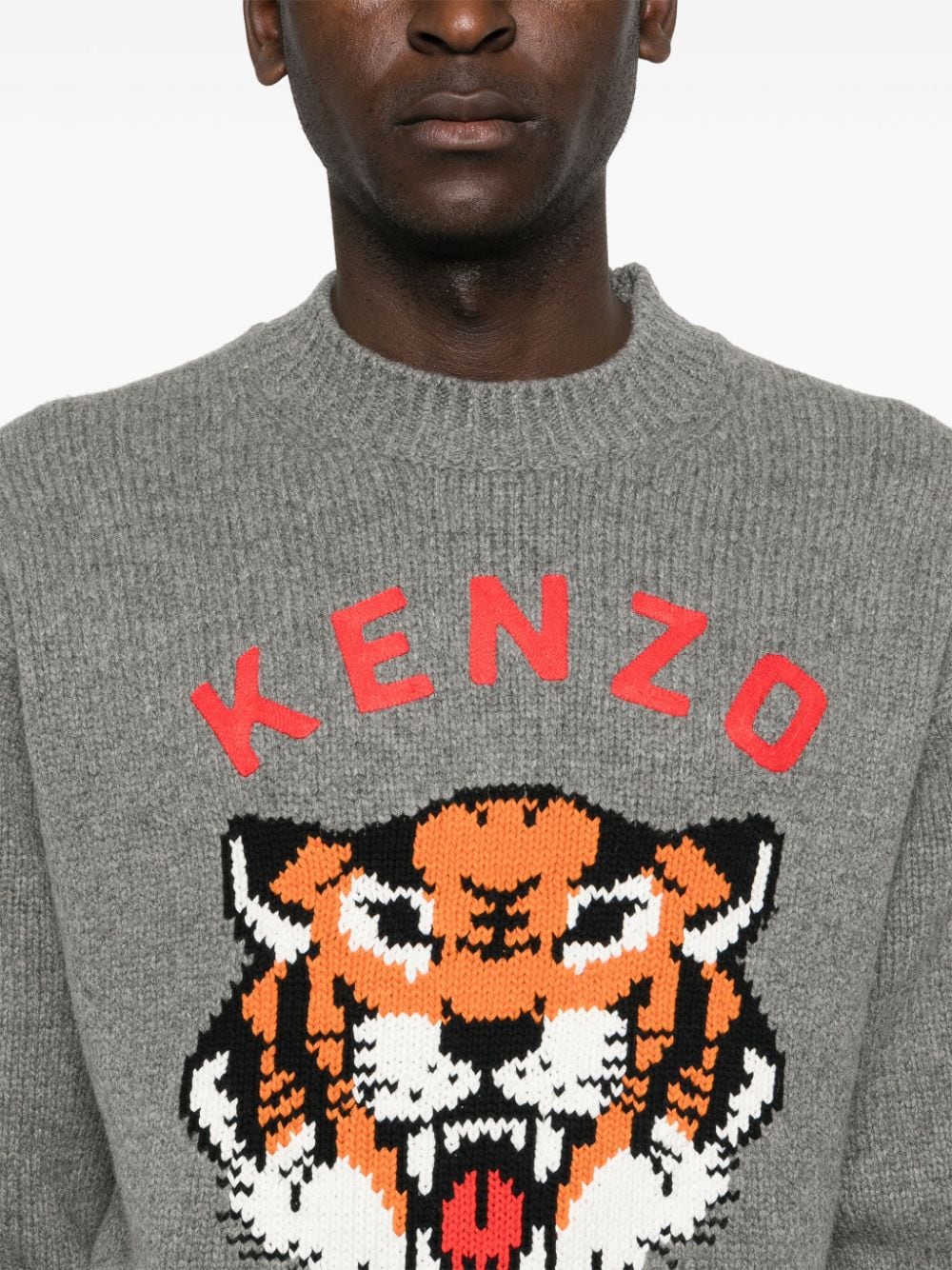 Kenzo Grey Wool Blend Tiger Intarsia Knit Sweater image 1